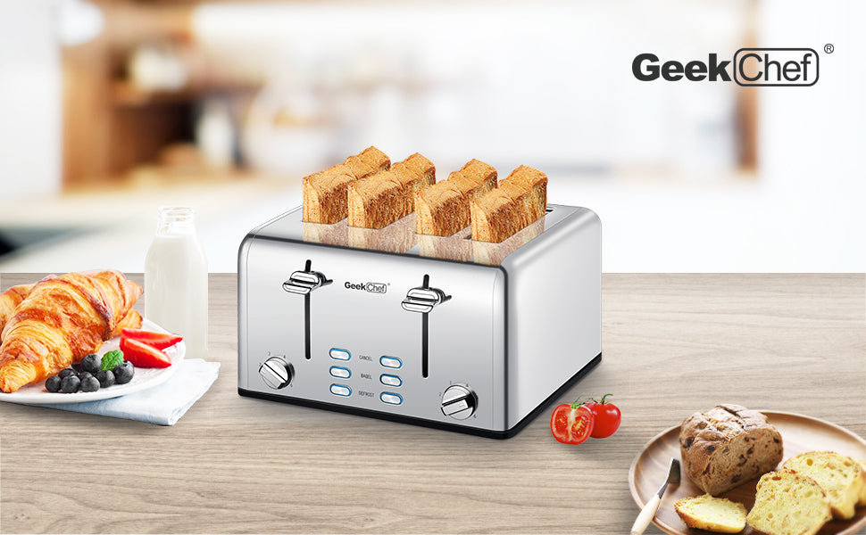 Prohibit Shelves In The Amazon. kitchen Toaster 4 Slice, Geek Chef Stainless Steel Extra-Wide Slot Toaster With Dual Control Panels Of Bagel,Defrost,Cancel Function,Ban Amazon