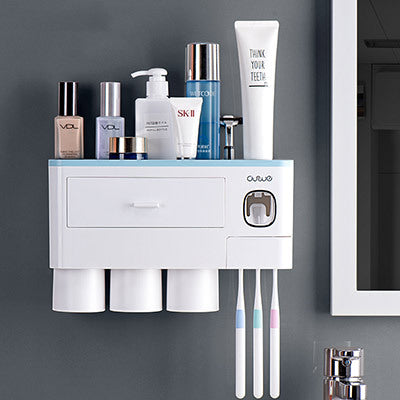 Non-marking Hanging Magnetic bathroom Toothbrush Holder Single Drawer Storage Rack With Toothpaste Squeezer Toiletry Set