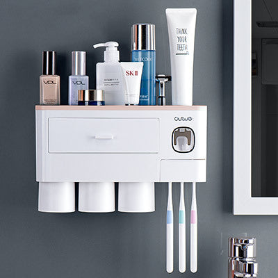 Non-marking Hanging Magnetic bathroom Toothbrush Holder Single Drawer Storage Rack With Toothpaste Squeezer Toiletry Set