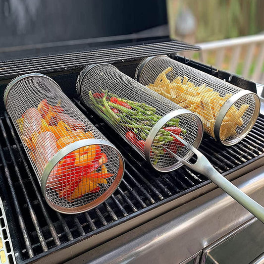 Rolling Grilling Basket kitchen Metal BBQ Barbecue Basket Net Portable Outdoor Camping Barbecue Rack Kitchen Gadgets