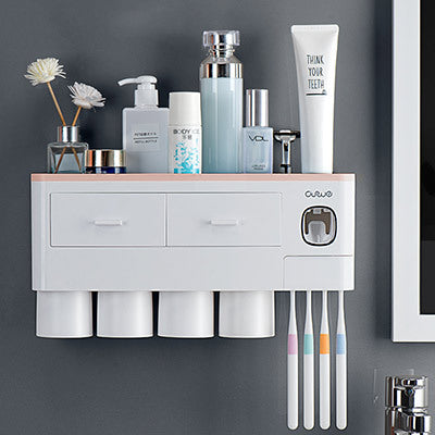 Non-marking Hanging Magnetic bathroom Toothbrush Holder Single Drawer Storage Rack With Toothpaste Squeezer Toiletry Set