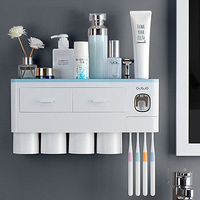Non-marking Hanging Magnetic bathroom Toothbrush Holder Single Drawer Storage Rack With Toothpaste Squeezer Toiletry Set