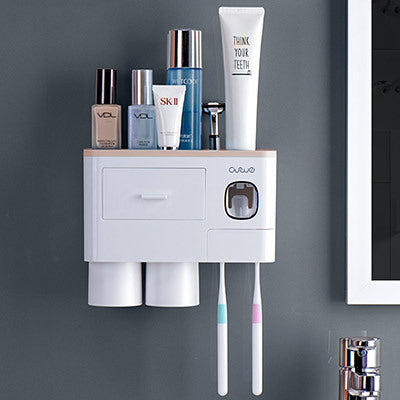 Non-marking Hanging Magnetic bathroom Toothbrush Holder Single Drawer Storage Rack With Toothpaste Squeezer Toiletry Set