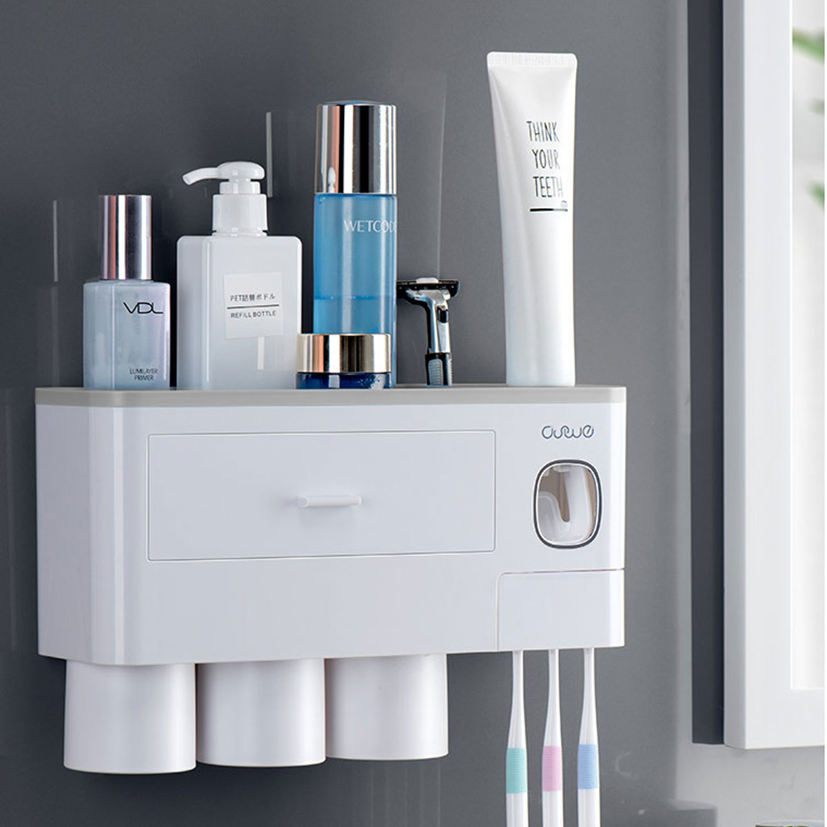 Non-marking Hanging Magnetic bathroom Toothbrush Holder Single Drawer Storage Rack With Toothpaste Squeezer Toiletry Set