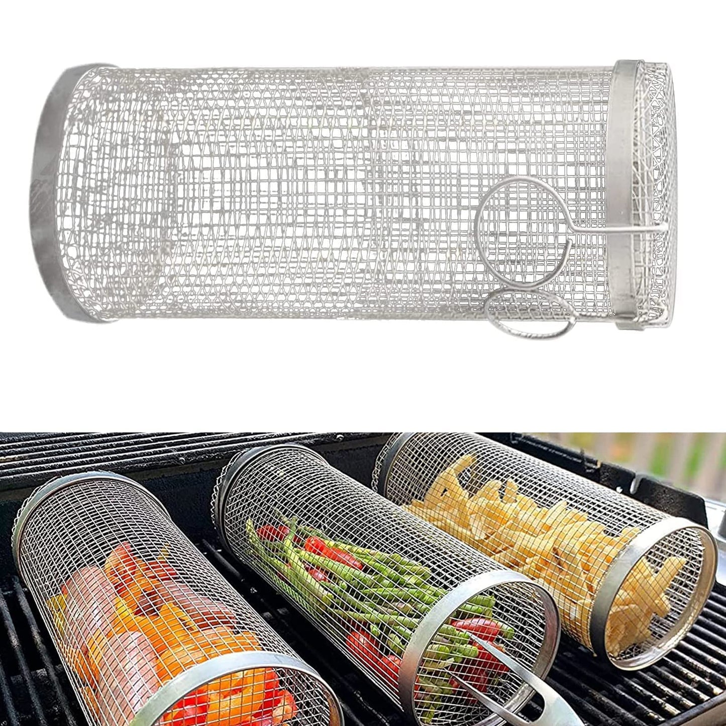 Rolling Grilling Basket kitchen Metal BBQ Barbecue Basket Net Portable Outdoor Camping Barbecue Rack Kitchen Gadgets