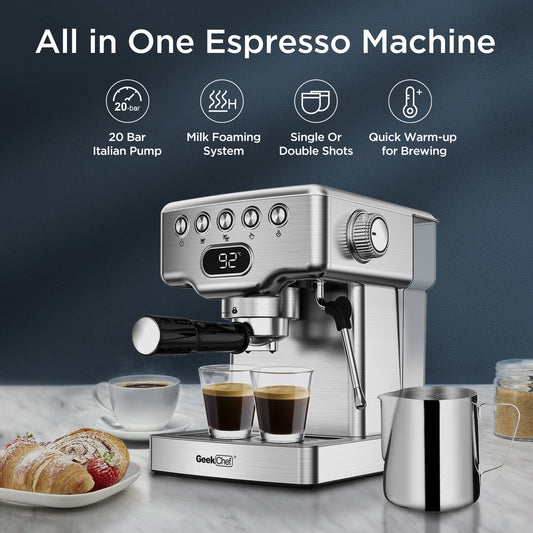 Geek Chef kitchen Espresso Machine, 20 Bar Espresso Machine With Milk Frother For Latte, Cappuccino, Macchiato, For Home Espresso Maker, 1.8L Water Tank, Stainless Steel, Ban On Amazon