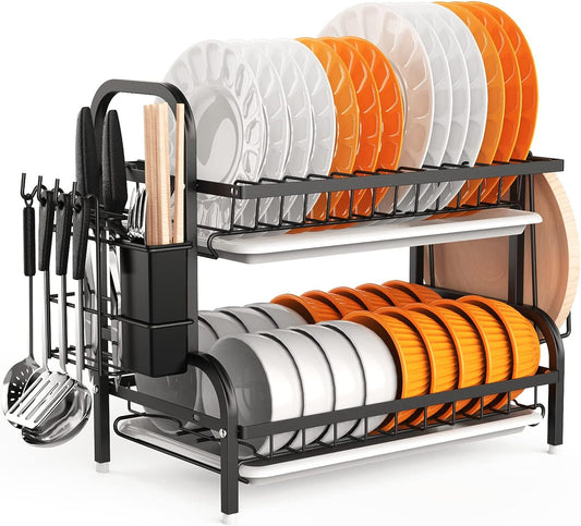Dish kitchen Drying Rack, 2-Tier Dish Racks For Kitchen Counter, Sink Dish Drainer With Drainboard, Utensil Holder And Cutting Board Holder, Stainless Steel Kitchen Drying Rack-Black