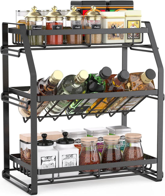 Spice Rack Organizer, kitchen 3-Tier Seasoning Organizer, Kitchen Spice Shelf, Countertop Organizer For Bathroom Vanity Kitchen-Black