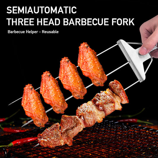 3-Prong Skewer Stick Needles kitchen Kebab 3 Way Forks Stainless Steel Barbecue Grill Fork Household BBQ Non-stick